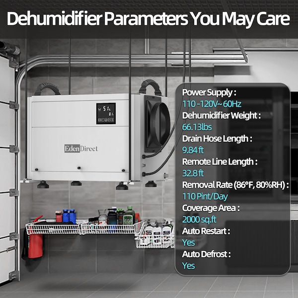 110 Pt. 2,000 Sq.ft. Bucketless Dehumidifier, White, Detachable Controller, Drain Hose